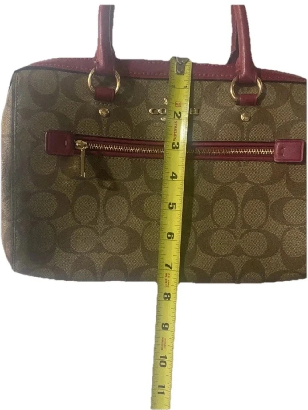Coach Khaki & Dark Fuchsia Pink Rowan Signature Canvas Satchel Crossbody Handbag